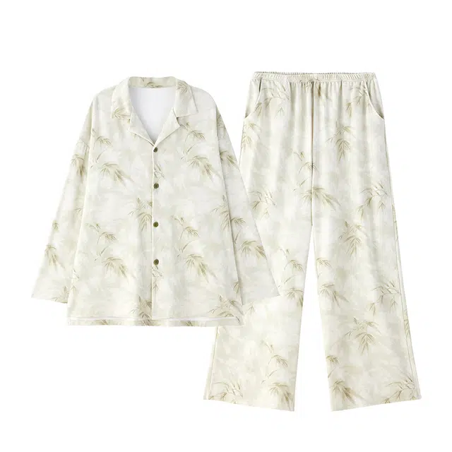 俏薇妮 翻领简约舒适植物长袖上衣松紧腰长裤睡衣套装 女款 杏色