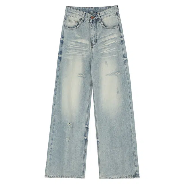 莫代尔 高街水洗破洞宽松阔腿长裤牛仔裤 女款 复古蓝
