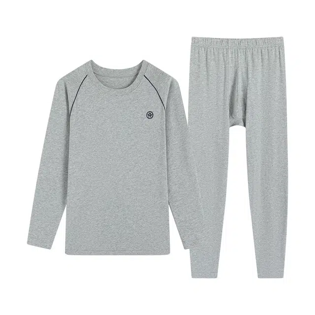 贴身领域 纯棉时尚可外穿圆领抗菌长袖秋衣秋裤打底衫青少年青年保暖内衣套装 男款