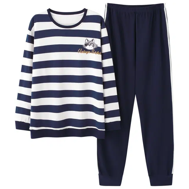 梦特娇 简约条纹纯棉圆领套头长袖松紧腰长裤舒适可外穿家居服 休闲宽松柔软亲肤青年学生上衣睡衣套装 秋冬季 男款 两件套 蓝拼白
