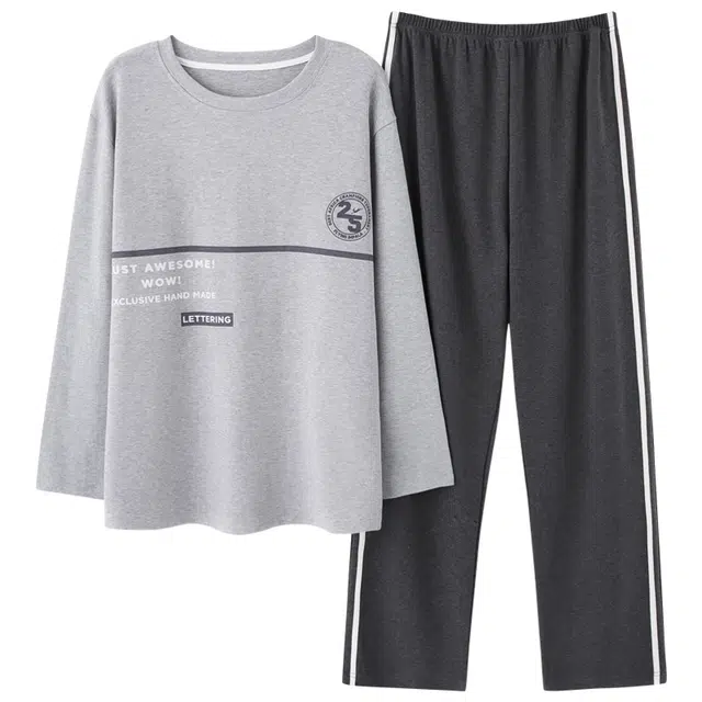 梦特娇 休闲简约长袖长裤可外穿纯棉居家服 舒适亲肤柔软时尚大气基础款保暖睡衣套装 秋冬季 男款 两件套 灰色