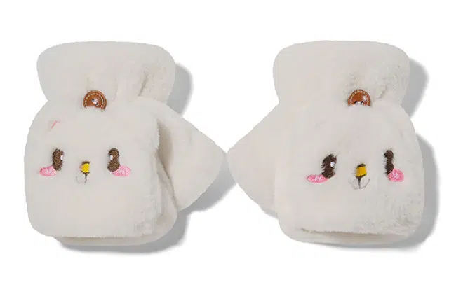 优幽兰 半露指可爱毛绒防风防寒户外骑车保暖加厚露指可翻盖 设计感卡通学生穿搭护手 绒线手套 女款