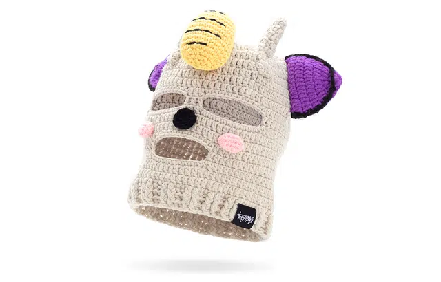 肯默米色紫耳朵帽子 搞怪沙雕毛线帽 保暖二次元搞笑针织帽 男款