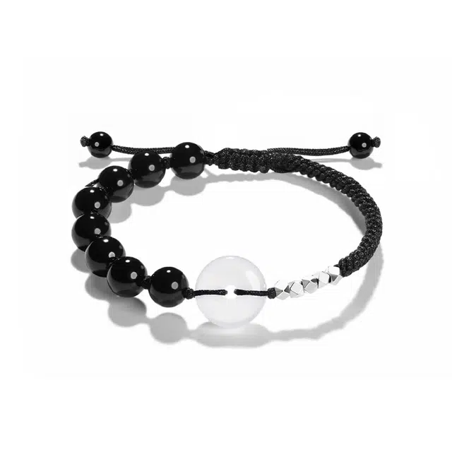 奥斯坦汀 碎碎白玉扣 新中式小众设计 黑曜石 玉石手链 男款