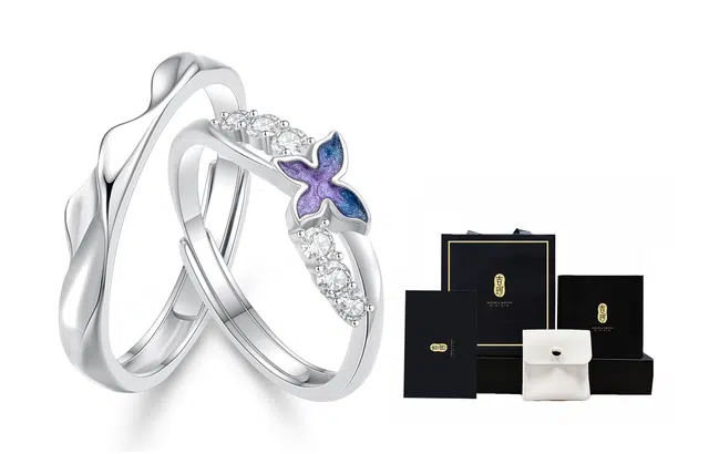 吉珂 一生所爱 沧海蝴蝶情侣戒指一对 简约小众微镶锆石国风珐琅戒指设计感气质百搭指环森系开口戒指男女款 女友精美礼盒