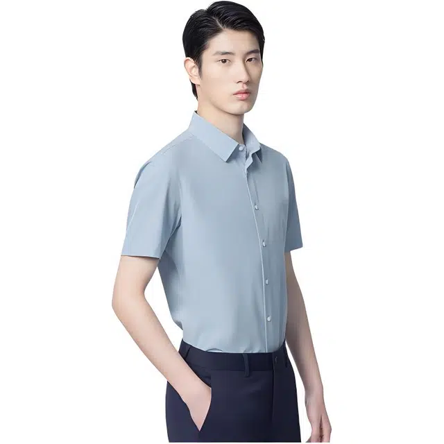 依文 纯色修身无弹短袖衬衫 男款 蓝色