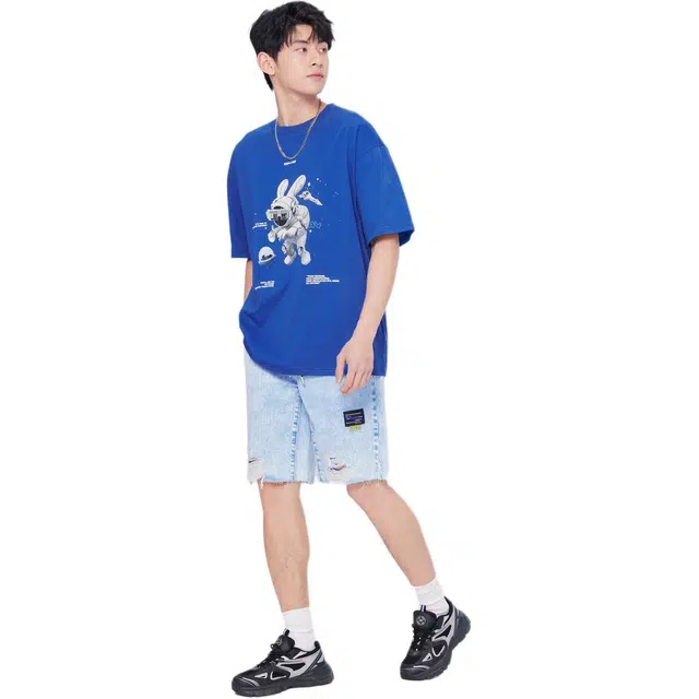 森马 纯色系带破洞宽松直筒五分牛仔短裤 男款