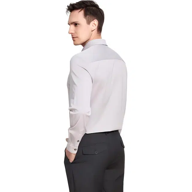 依文 纯色翻领商务休闲修身长袖衬衫 男款 浅灰色