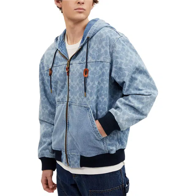 COACH Signature Denim Hooded Zip Up Jacket Logo