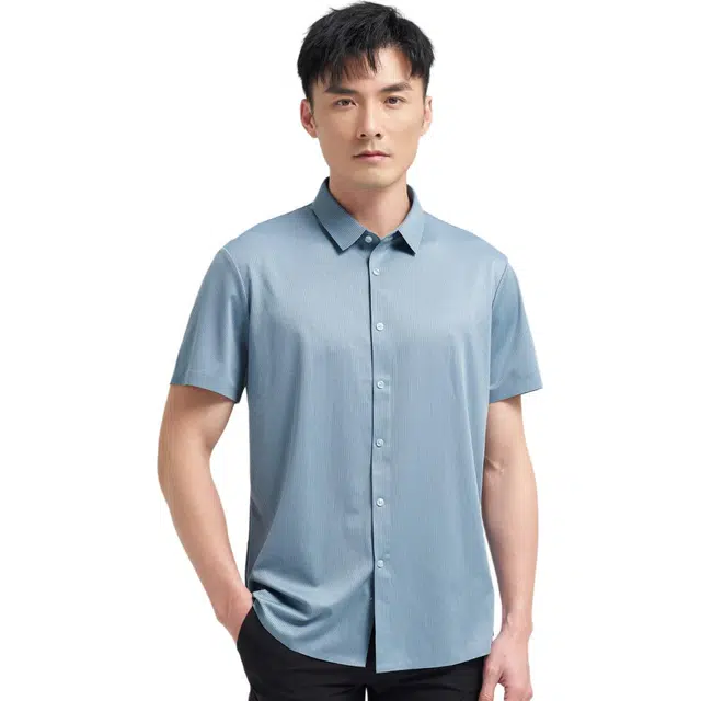 才子 高弹系列 舒适易理弹力透气条纹针织短袖衬衫 男款 蓝色