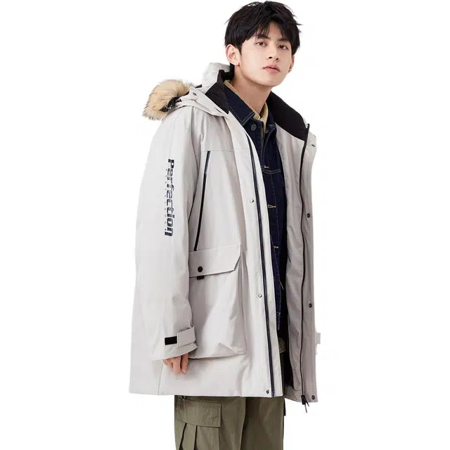 森马 字母数字连帽拉链中长款加厚长袖羽绒服 男款