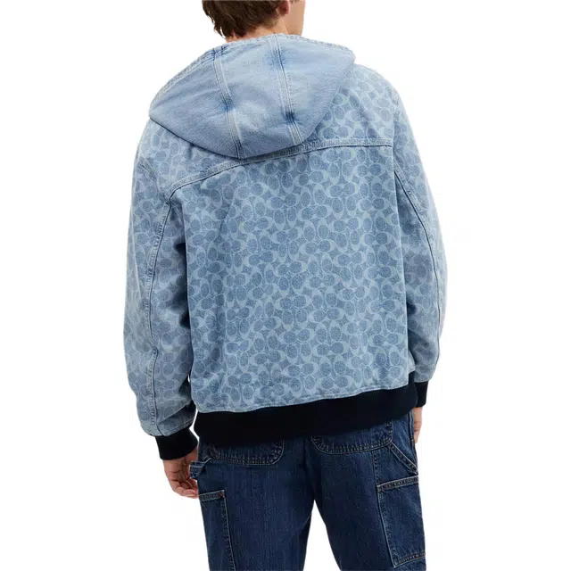 COACH Signature Denim Hooded Zip Up Jacket Logo