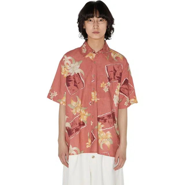 物理少年 夏威夷风透气宽松复古印花短袖衬衫 男女同款 西瓜红
