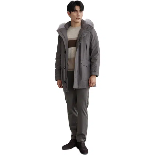 依文 中长款保暖纯色商务休闲羽绒服 男款 灰咖色