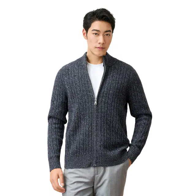 恒源祥 纯羊毛粗针花纱开衫毛衣 男款 深灰色