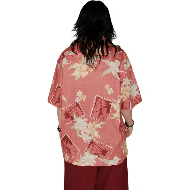 物理少年 夏威夷风透气宽松复古印花短袖衬衫 男女同款 西瓜红