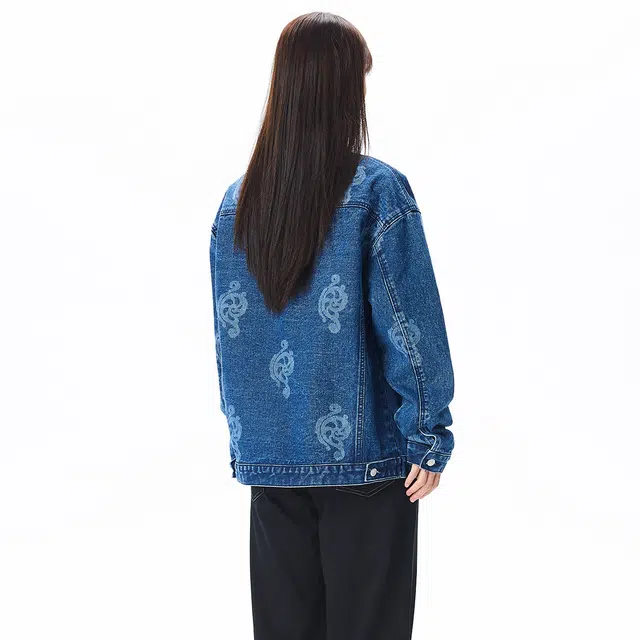 王者荣耀 好运螺款落肩翻领单排扣牛仔外套 男女同款 中蓝