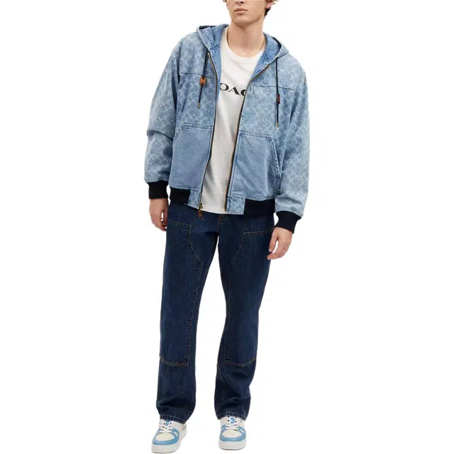 COACH Signature Denim Hooded Zip Up Jacket Logo