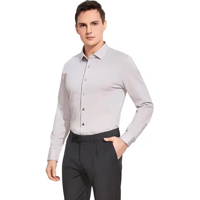 依文 纯色翻领商务休闲修身长袖衬衫 男款 浅灰色