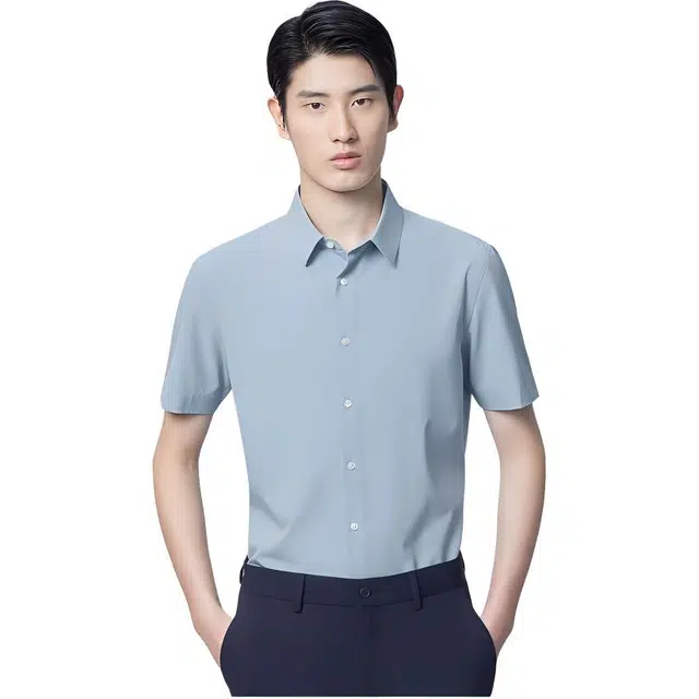 依文 纯色修身无弹短袖衬衫 男款 蓝色