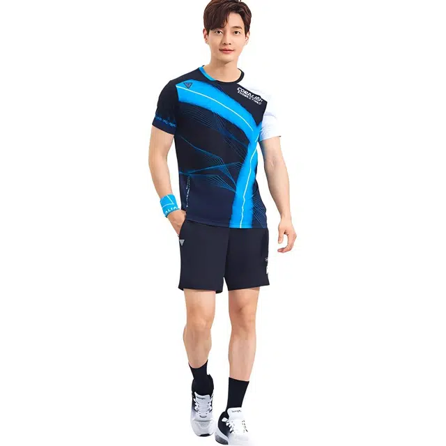 可莱安 透气速干运动短袖羽毛球服 男款 黑蓝白色