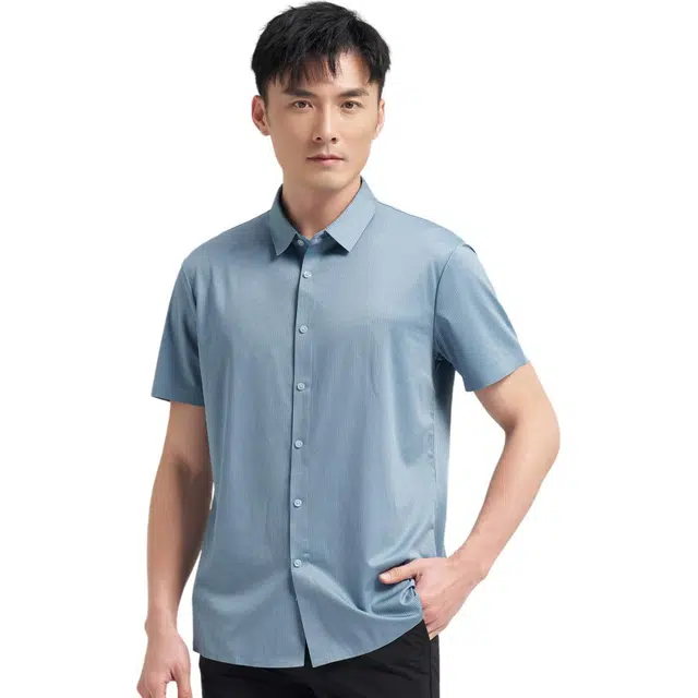 才子 高弹系列 舒适易理弹力透气条纹针织短袖衬衫 男款 蓝色
