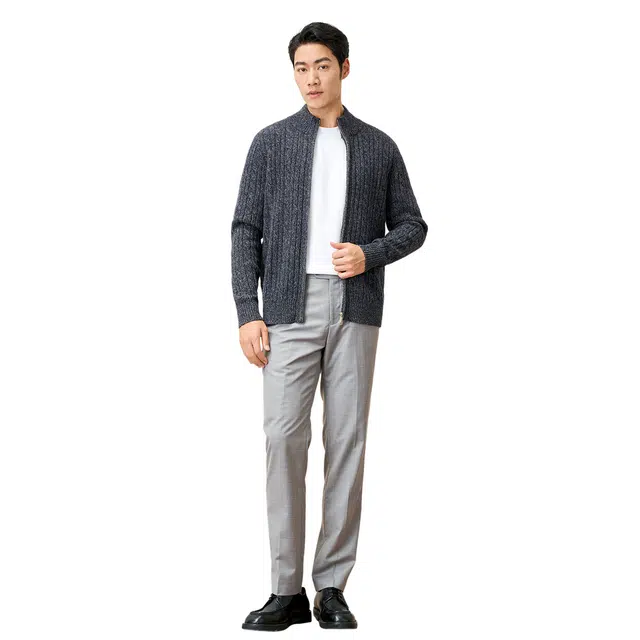 恒源祥 纯羊毛粗针花纱开衫毛衣 男款 深灰色