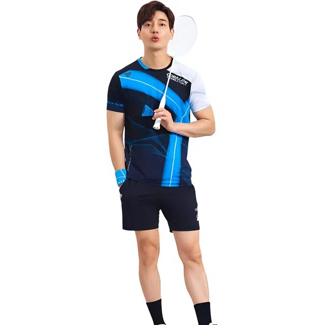 可莱安 透气速干运动短袖羽毛球服 男款 黑蓝白色