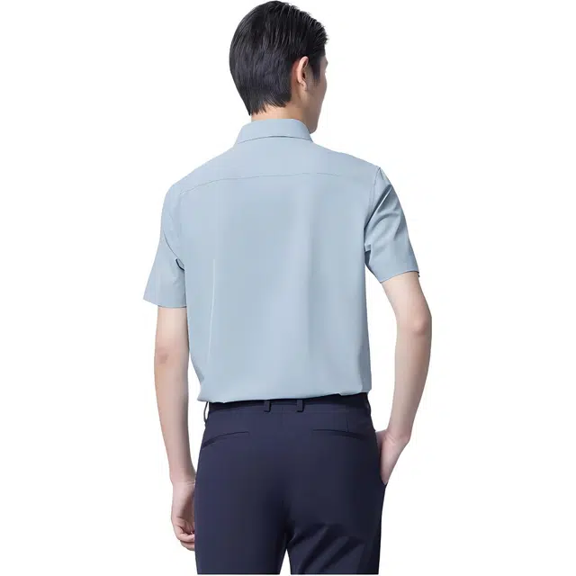 依文 纯色修身无弹短袖衬衫 男款 蓝色