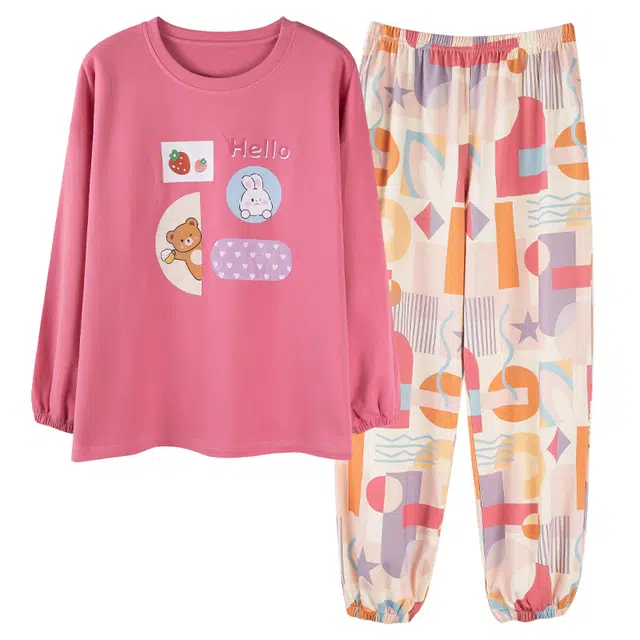 莫代尔 纯棉细腻舒适透气柔软亲肤吸湿排汗轻盈耐磨微弹可居家休闲可外穿睡衣套装 女款 蔷薇色