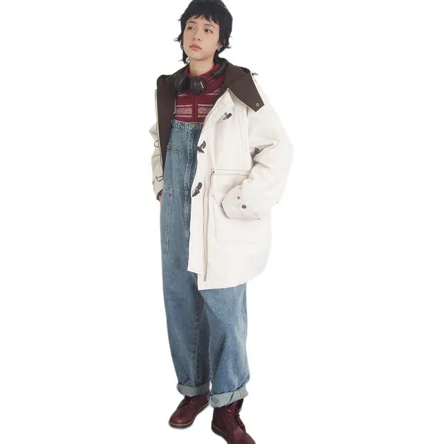 物理少年 纯色复古牛角扣中长款宽松连帽棉服 男女同款