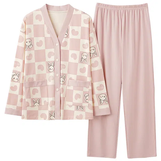 莫代尔 耐磨微弹吸湿排汗轻盈细腻亲肤舒适透气柔软开衫长袖长裤可居家休闲可外穿睡衣套装 女款 粉色