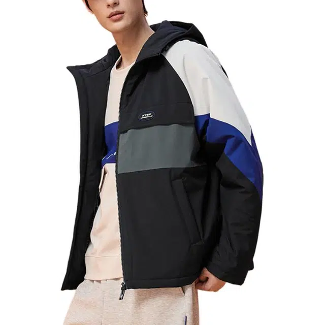 特步 活力系列 加厚连帽保暖棉服 男款 正黑色/雾淞灰/激情蓝
