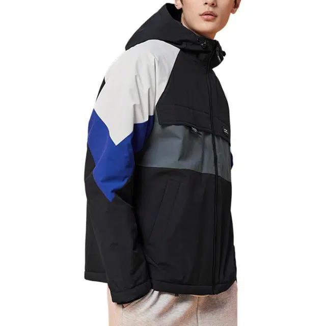 特步 活力系列 加厚连帽保暖棉服 男款 正黑色/雾淞灰/激情蓝
