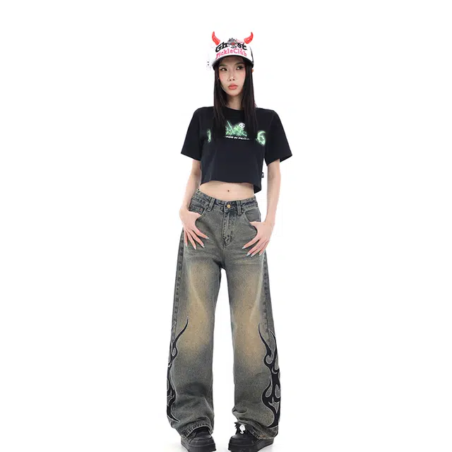 梁拌泡菜 恶魔幽灵火焰字母反光印花宽松直筒阔腿牛仔裤 男女同款 复古蓝