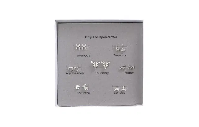 尚银福 一周七天耳饰 森系小清新小巧精致时尚百搭耳饰品 小兔耳长颈鹿猫咪鹿角斑马鲸鱼元素 合金 耳钉 女款