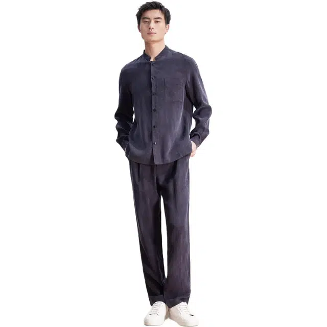 依文 纯色立领商务休闲修身长袖衬衫 男款 藏蓝色