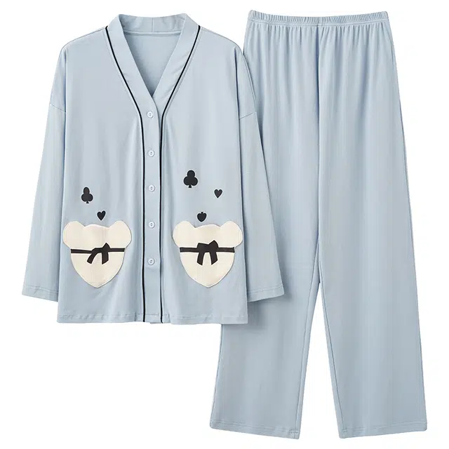 莫代尔 纯棉耐磨微弹轻盈吸湿排汗细腻亲肤舒适透气柔软开衫长袖长裤可居家休闲可外穿睡衣套装 女款 浅蓝色