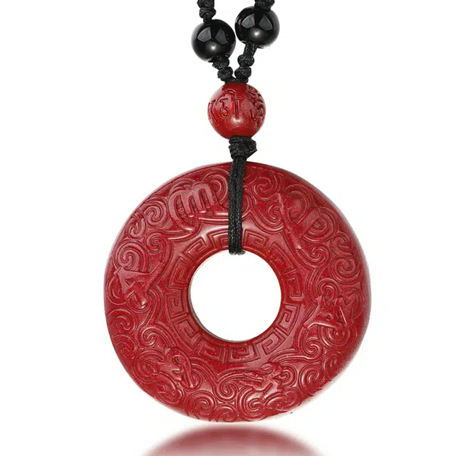 妍韵珠宝 六字真言心经平安扣 再造辰砂朱砂 玉石吊坠 男女同款情侣款