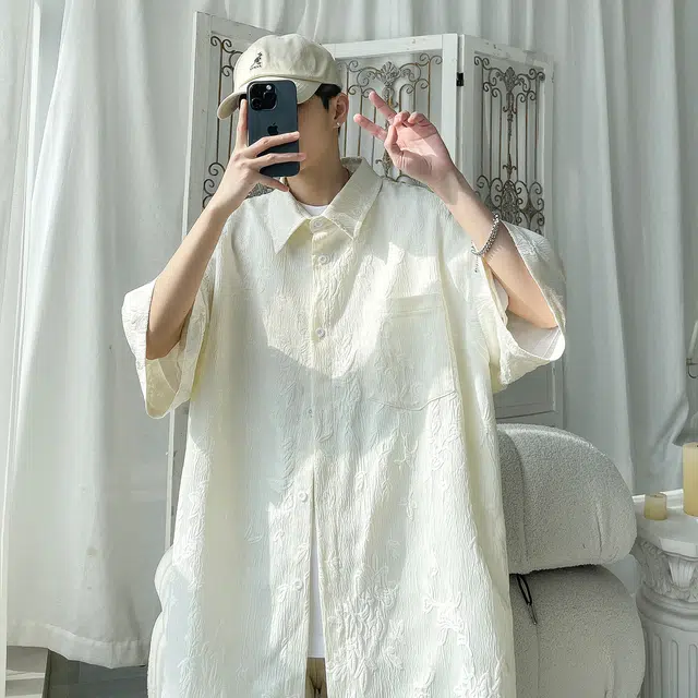 北欧攻略 美式复古与新中式风格提花短袖衬衫 男女同款