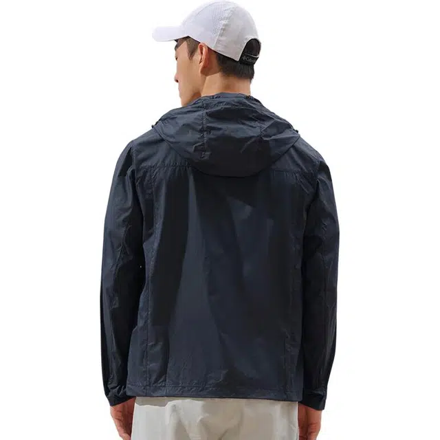 探路者 纯色连帽拉链透气舒适 超轻透气防紫外线防晒服 男款 蓝岩黑