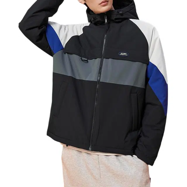 特步 活力系列 加厚连帽保暖棉服 男款 正黑色/雾淞灰/激情蓝