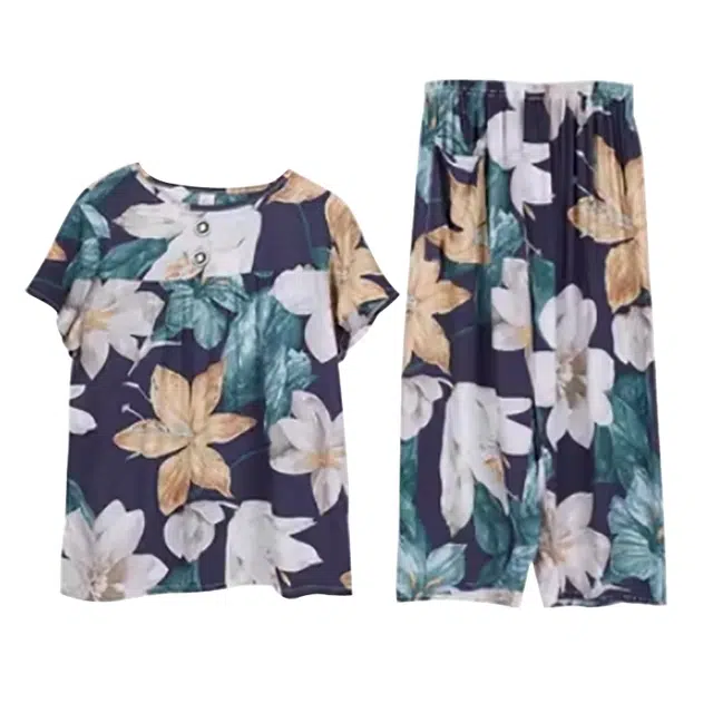 莫代尔 简约植物花卉印花圆领短袖七分裤中老年妈妈家居服睡衣套装 女款 梧桐叶