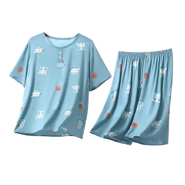 莫代尔 薄款舒适亲肤短袖五分裤睡衣套装 男款 浅蓝色