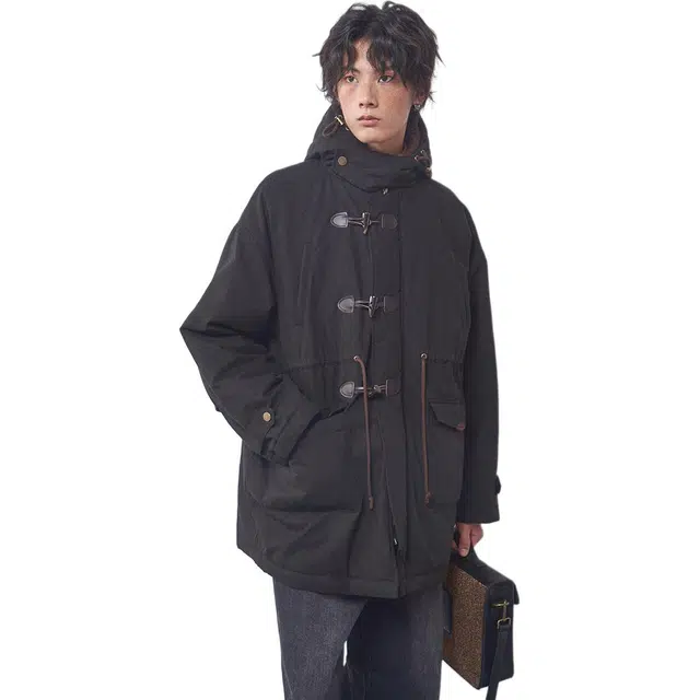 物理少年 纯色复古牛角扣中长款宽松连帽棉服 男女同款