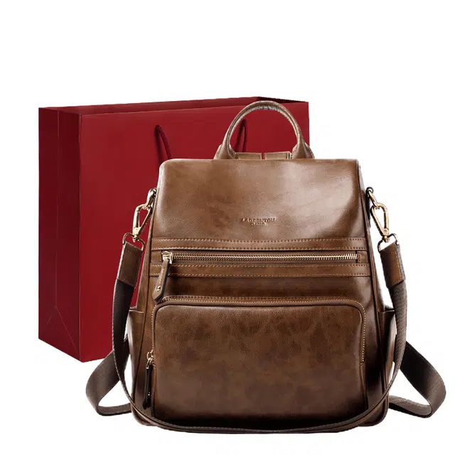 老人头 复古通勤油蜡皮大气耐用旅游防盗妈妈上班上课书包旅行 牛皮 双肩包背包 女款 多色