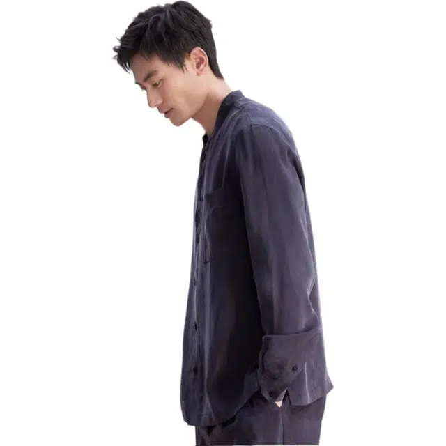 依文 纯色立领商务休闲修身长袖衬衫 男款 藏蓝色