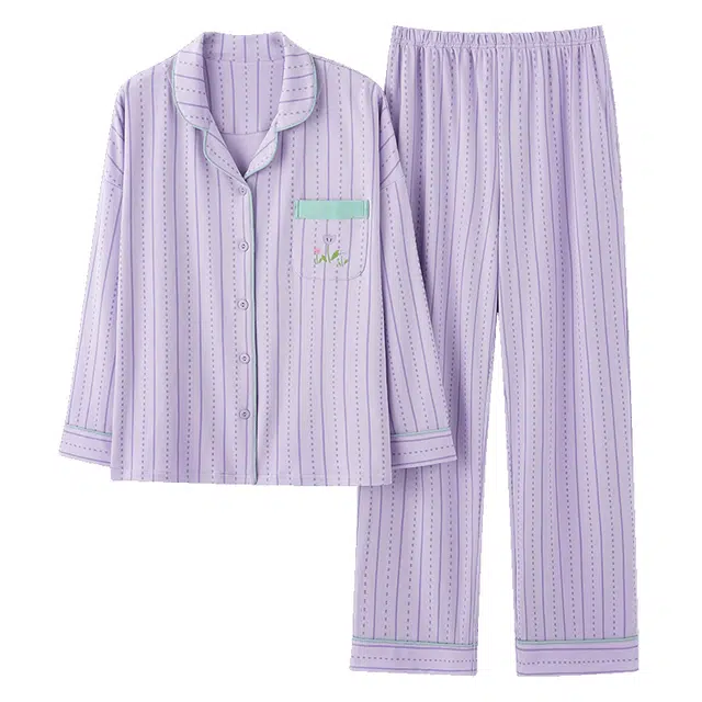 莫代尔 纯棉微弹吸湿排汗亲肤细腻舒适透气柔软轻盈耐磨开衫长袖长裤睡衣套装 女款 薰衣草淡紫