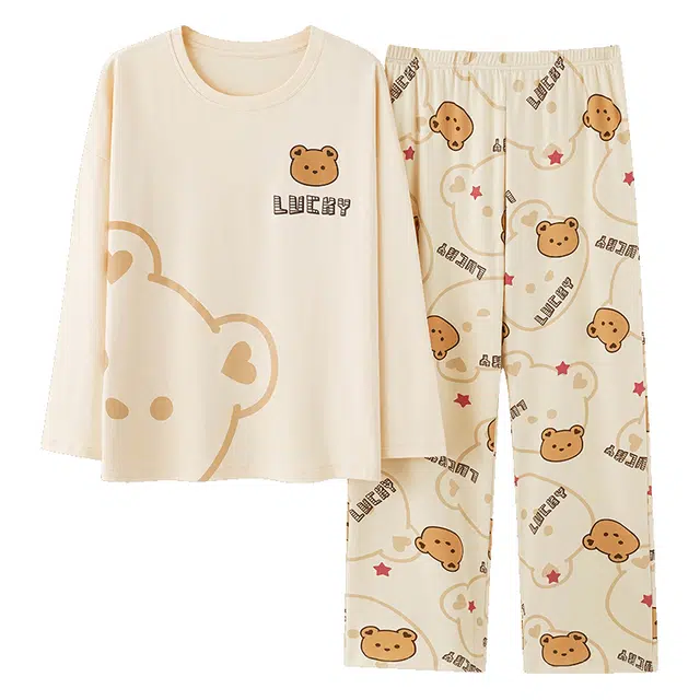 莫代尔 亲肤轻盈耐磨带胸垫防凸点微弹柔软吸湿排汗细腻舒适透气休闲长袖长裤可外穿睡衣套装 女款 杏色