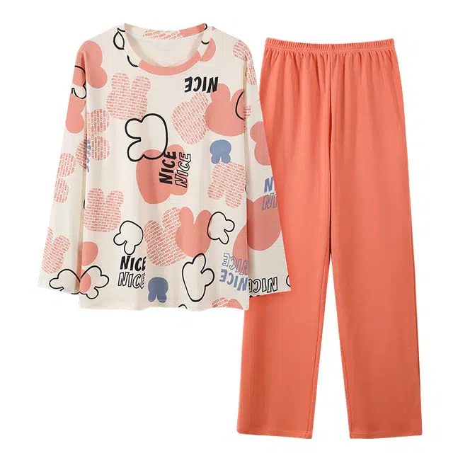 莫代尔 卡通字母印花圆领微弹上衣纯色透气长裤睡衣套装 女款 杏色